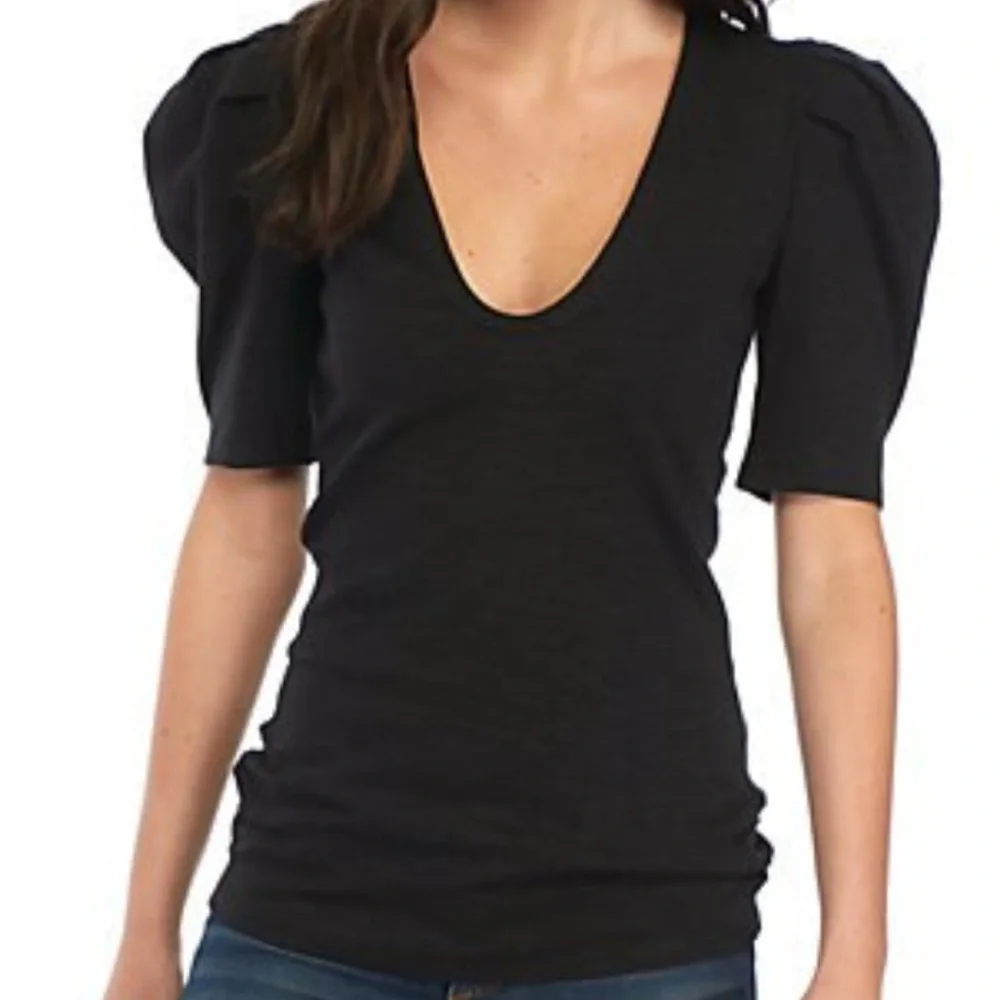 Free People Ellery Puff 3/4 Sleeve V Neck Top Size Large Black